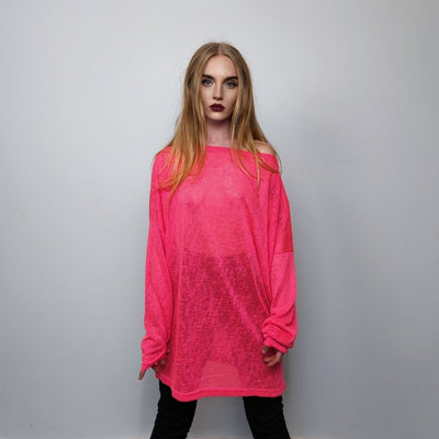 Deep V-neck sheer top revealing transparent sweatshirt cut out neck long sleeve see-through t-shirt rocker jumper edgy baggy tee in pink