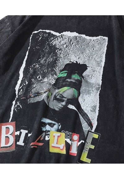 Billie print t-shirt Ejlish tee retro singer top in grey