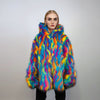 Hooded faux fur psychedelic jacket 70s bomber neon raver coat fluffy tie-dye fleece festival trench burning man going out overcoat blue pink