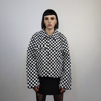 Button up check bomber jacket Chequerboard varsity SKA aviator chess pattern coat in black and white