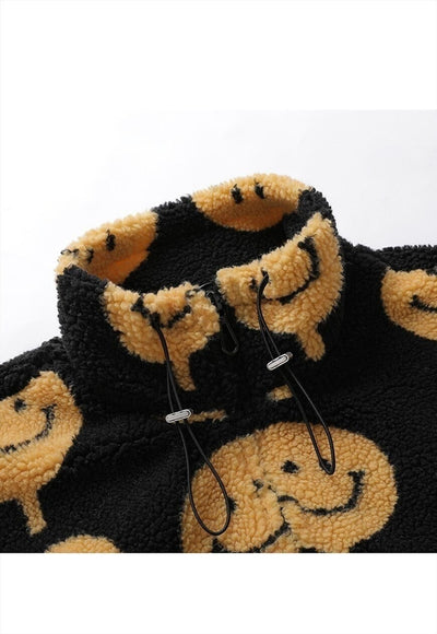 Emoji fleece jacket faux fur smile print bomber in black