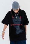 Devil print t-shirt cat graffiti tee Goth horns top in black