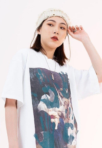 Ancient painting t-shirt retro tee hand print top in white