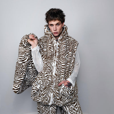 Zebra print jacket handmade detachable faux fur animal print bomber stripe pattern fleece premium hooded party coat festival hoodie in brown