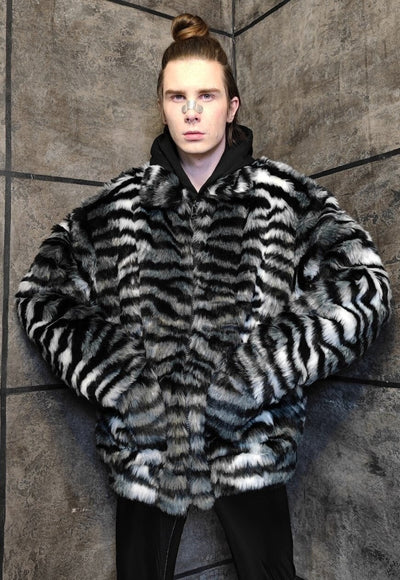 Zebra fleece jacket faux fur stripe fluffy bomber in black