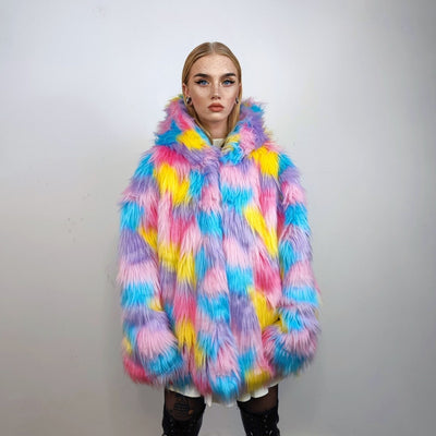 Hooded marshmallow faux fur jacket unicorn coat raver bomber fluffy tie-dye fleece rainbow festival bomber burning man going out trench pink