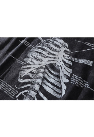 Ribs print t-shirt vintage wash skeleton bones long tee grey