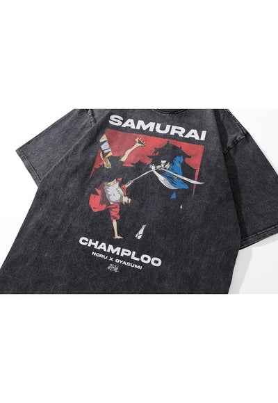 Samurai t-shirt old Japanese tee retro anime top in grey