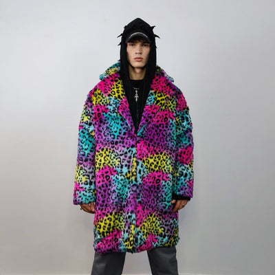 Tie-dye Faux fur leopard coat rainbow long trench marshmallow raver jacket fluffy cheetah fleece festival bomber burning man coat pink blue