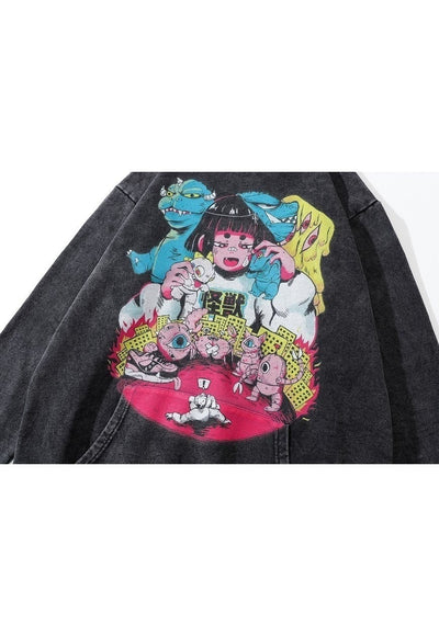 Anime print hoodie Japanese cartoon pullover grunge top grey