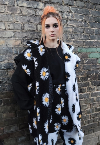 Floral fleece coat handmade daisy trench jacket white black