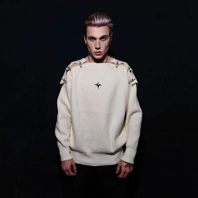 Utility sweater buckle finish jumper gorpcore top cut out shoulder top metal badge knitted pullover cyber punk sweatshirt in off white