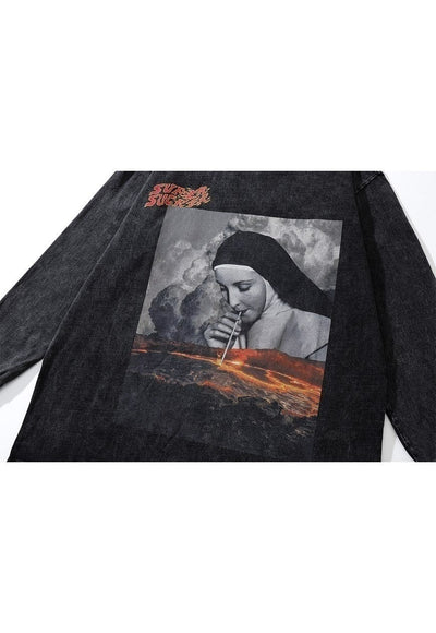 Nun print t-shirt Gothic grunge long sleeve tee acid black