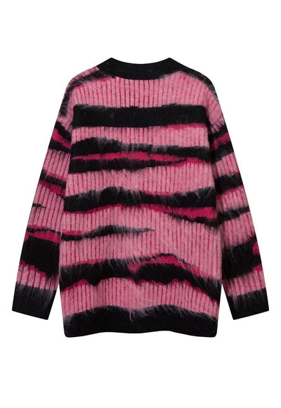 Fluffy striped cardigan fuzzy zebra jumper knitted top pink