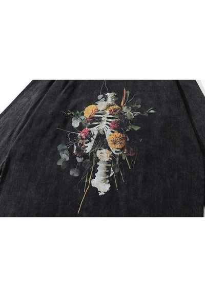 Floral t-shirt grunge skeleton bones long tee retro top grey