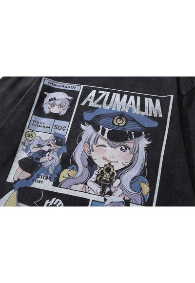 Anime t-shirt Japanese cartoon tee retro police top in grey