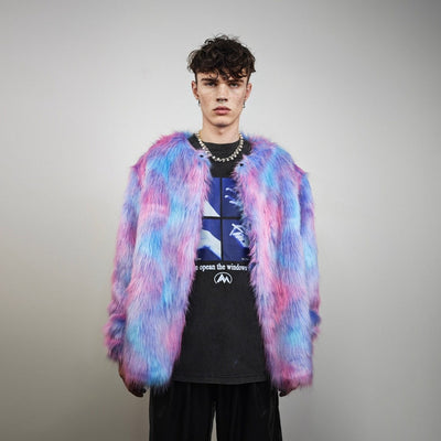 Neon faux fur jacket collarless pastel coat bright raver bomber fluffy rainbow fleece luminous festival pullover burning man overcoat blue