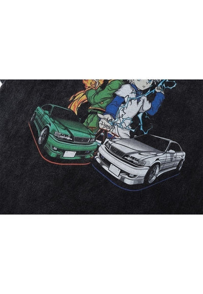 Anime print t-shirt Hunter cartoon tee racing car top grey