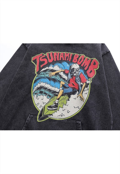 Surfer print hoodie vintage wash pullover skeleton jumper
