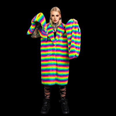 Rainbow coat hooded Gay pride trench striped rave bomber detachable fleece fluorescent festival bomber removable sleeves burning man jacket