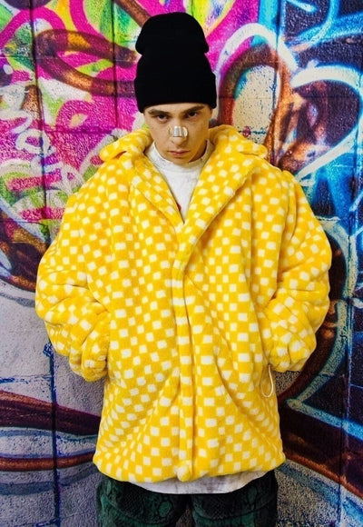 Chequerboard fleece jacket handmade 2 in 1 check coat yellow