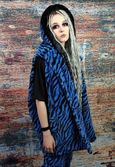 Zebra fleece coat handmade 2in1 stripe trench jacket in blue