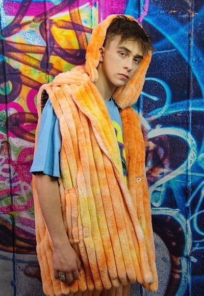 Tie-dye fleece coat handmade 2in1 hood trench jacket orange