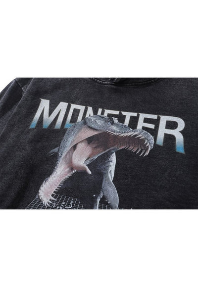 Monster print hoodie dinosaur pullover creepy top in grey