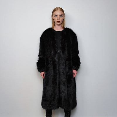 Long faux fur coat handmade fluffy luxury bomber premium fleece jacket detachable sleeve trench in black