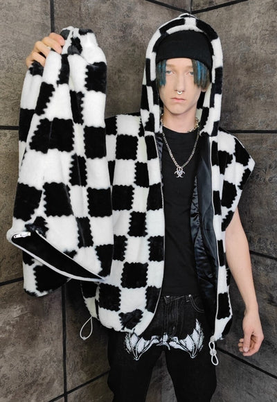 Checkerboard fleece gilet handmade check hoodie jacket white