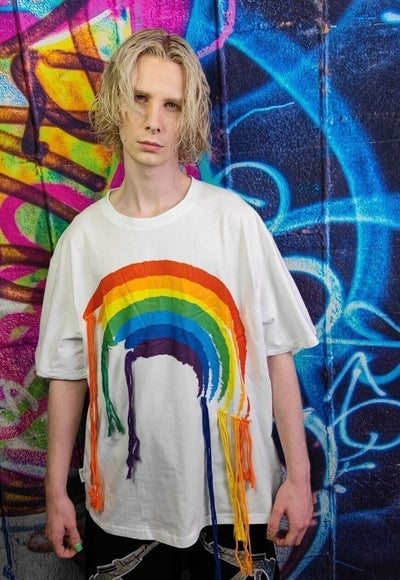 Rainbow t-shirt pride top reworked thread gay tee in white