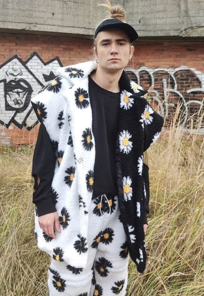 Floral fleece coat handmade daisy trench jacket white black