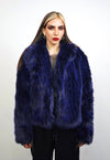 Short shaggy faux fur coat blue cropped fuzzy hair trench