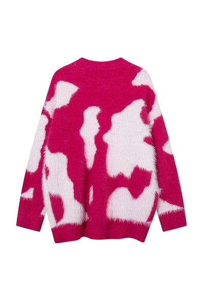 Cow print cardigan fluffy abstract jumper fuzzy knitted top