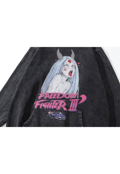 Devil print hoodie anime pullover Japanese cartoon top grey