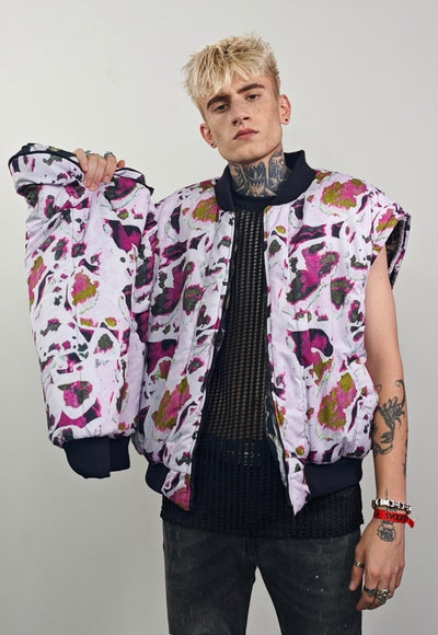 Leaves print varsity jacket pink forest reversible bomber