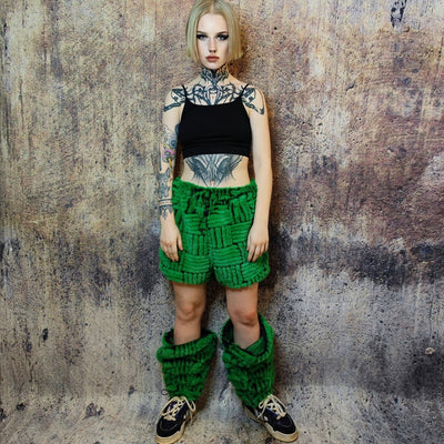 Faux fur joggers luxury detachable party pants handmade stripe pattern shorts fluffy check premium festival overalls in green black