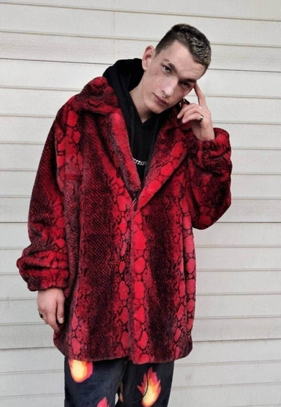 Luxury faux fur snake coat python print bomber handmade detachable fluffy jacket fleece puffer premium grunge trench in red black