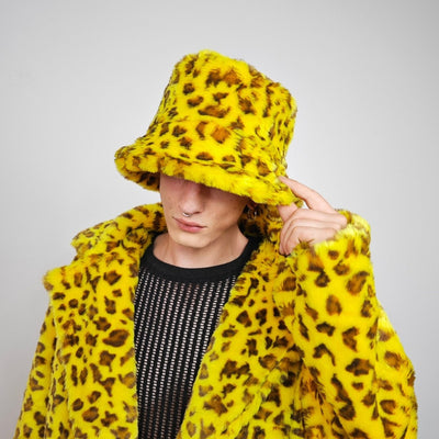 Yellow leopard bucket faux fur hat oversize animal print cap festival fisherman hat furry headwear jaguar headband lynx psychedelic rave cap