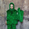 Faux fur luxury jacket handmade premium check fleece jacket fluffy hooded high fashion stripe coat in green back