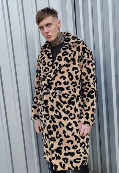 Leopard fleece coat animal print long jacket in brown