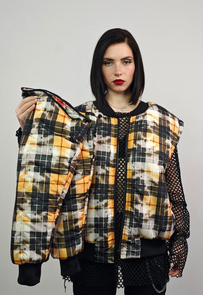 Tie-dye tartan varsity jacket yellow check reversible bomber