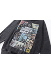 Grunge print hoodie GTA game pullover cartoon top in grey