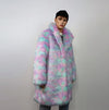 Candy faux fur long coat unicorn trench neon raver bomber fluffy tie-dye fleece psychedelic festival jacket burning man going out coat pink