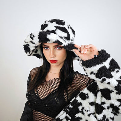 Cow fleece bucket oversize animal print hat festival fisherman furry head gown spot print cap Dalmatian headband psychedelic rave headwear