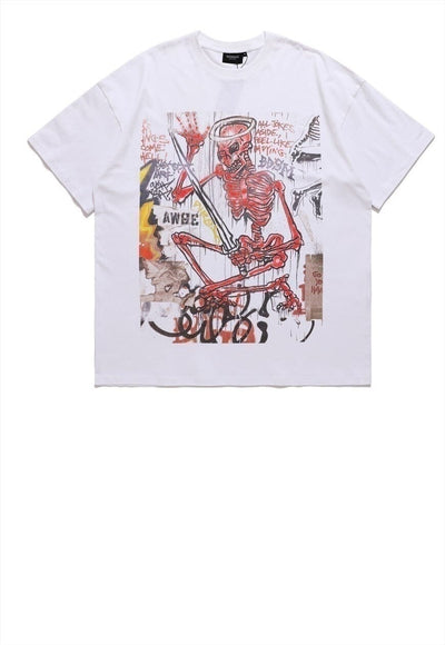 Skull print t-shirt skeleton tee retro bones top in white