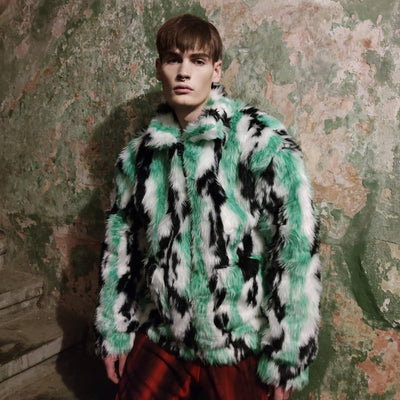 Tiger print faux fur jacket tie-dye fluffy bomber festival varsity raised neck fleece coat high fashion zebra stripe coat in green white