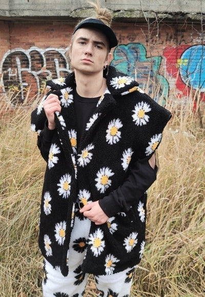 Floral fleece jacket handmade daisy trench coat in black