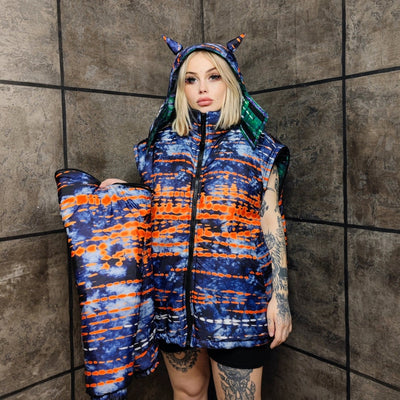 Tie-dye bomber handmade detachable graffiti puffer devil horn jacket abstract gradient print coat reversible jacket in green orange