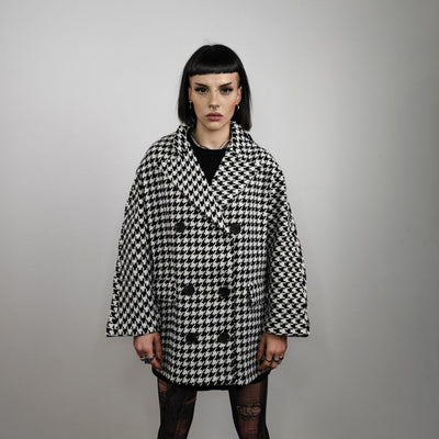 Houndstooth jacket Chequerboard outdoor blazer SKA aviator chess pattern coat dogtooth double breasted pea coat in black and white